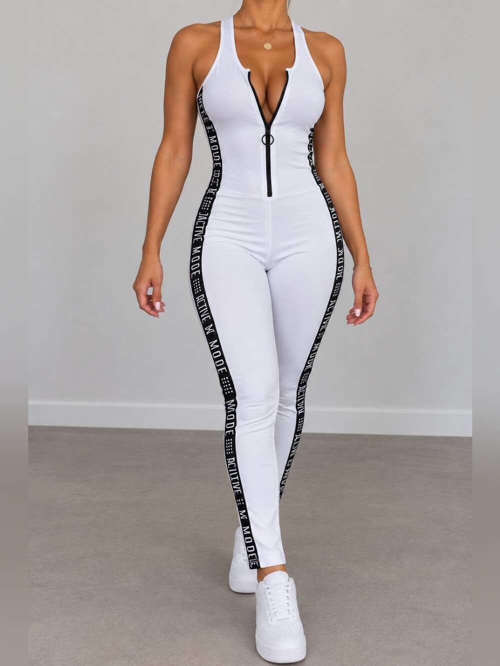 White Zip-Front Active Jumpsuit with Black Side Stripe